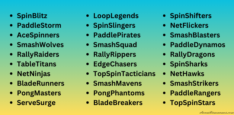 Catchy Table Tennis Team Names