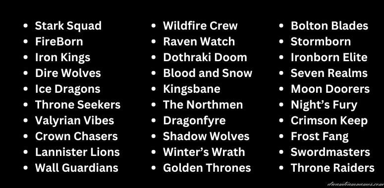 Game of Thrones Theme Team Names